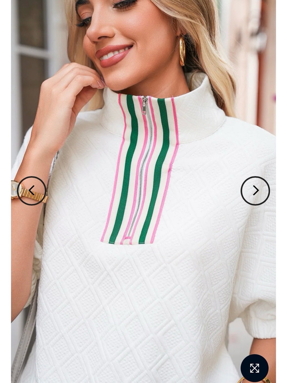 White Knit Half-Zip Pullover Top with Pink & Green Trim - Picture 3 of 9